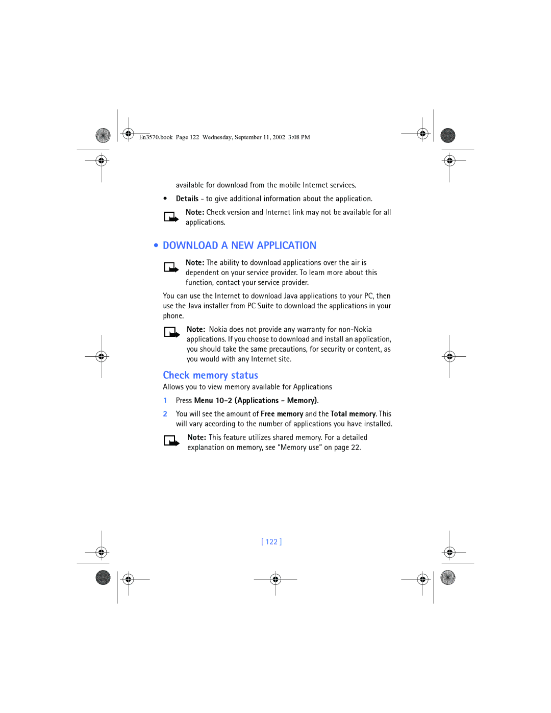 Nokia 3570 Download a NEW Application, Check memory status, Allows you to view memory available for Applications, 122 