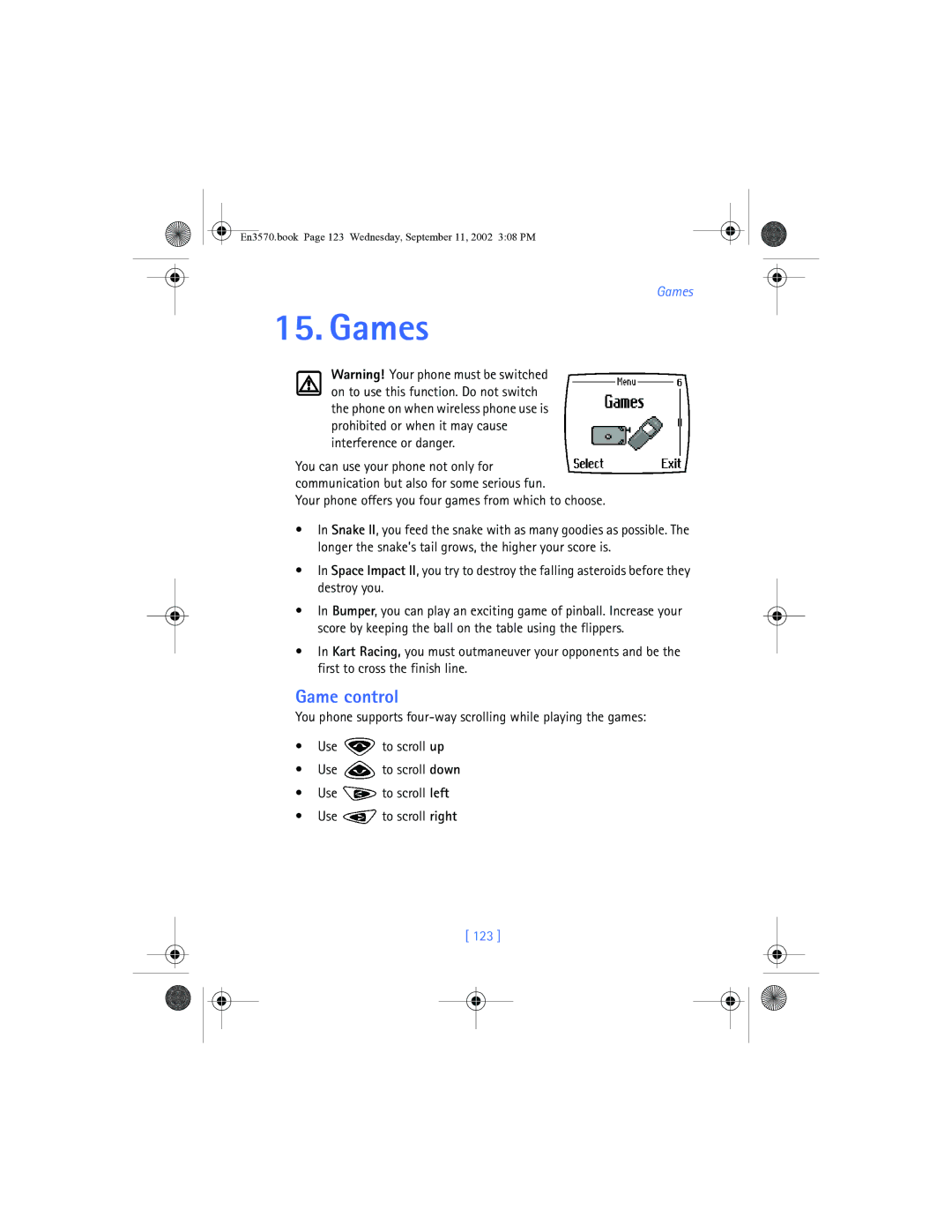 Nokia 3570 manual Game control, Your phone offers you four games from which to choose, 123 