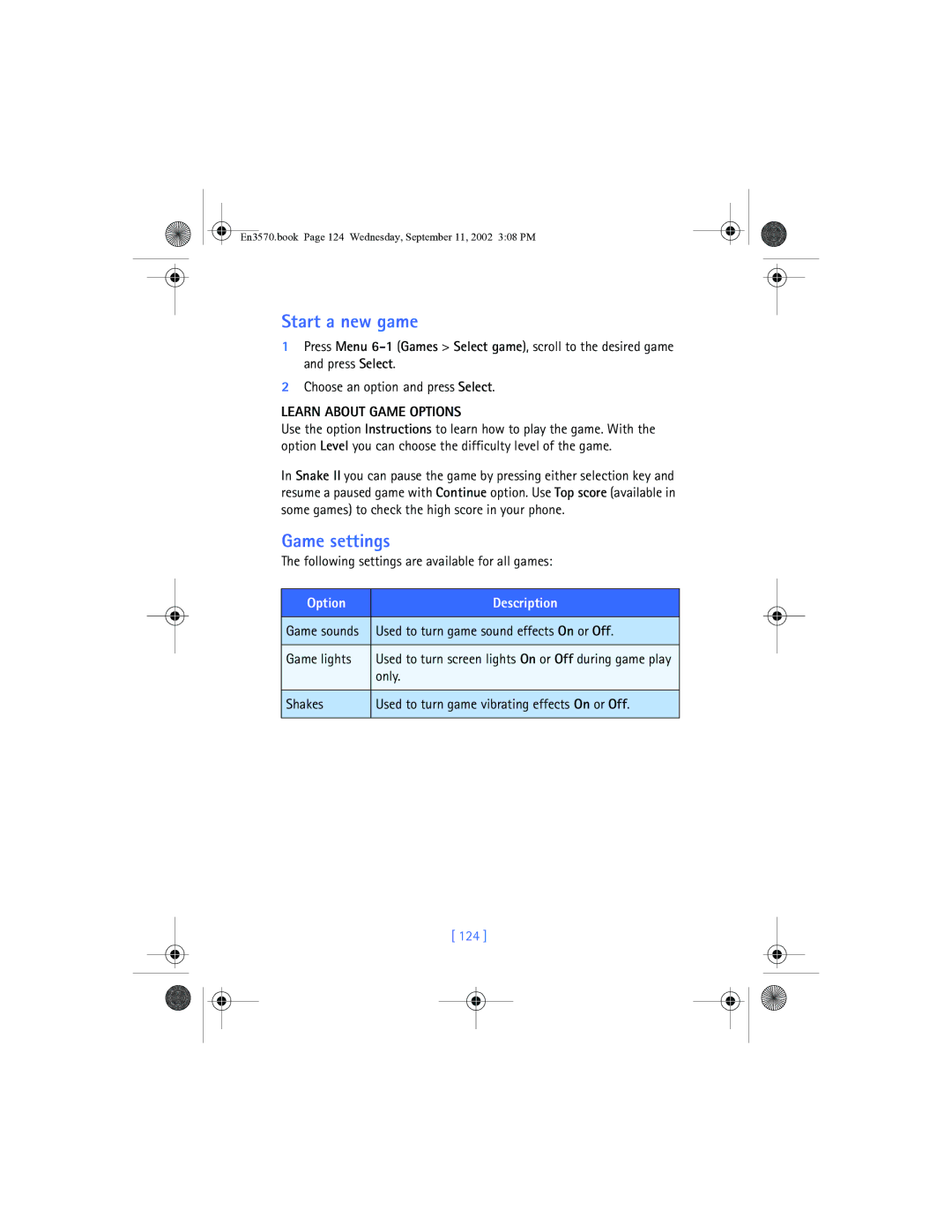 Nokia 3570 manual Start a new game, Game settings, Learn about Game Options, 124 