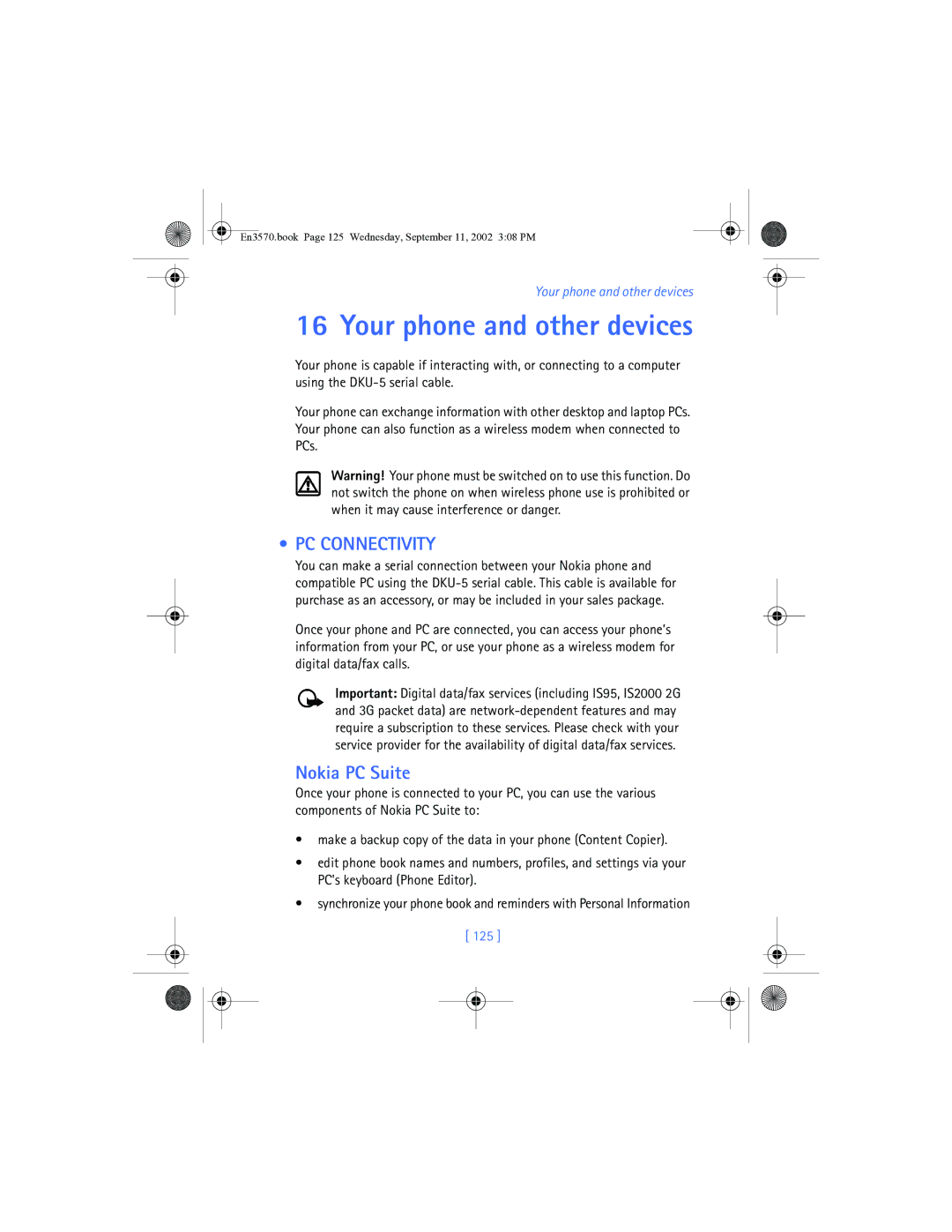 Nokia 3570 manual Your phone and other devices, PC Connectivity, Nokia PC Suite, 125 