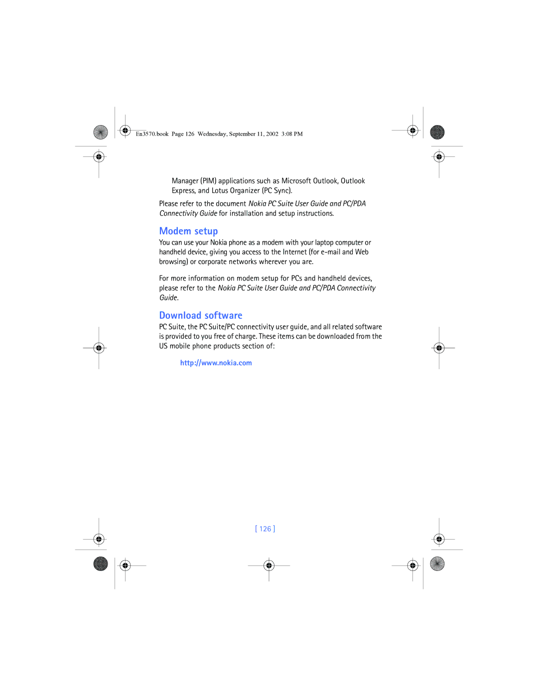 Nokia 3570 manual Modem setup, Download software, 126 