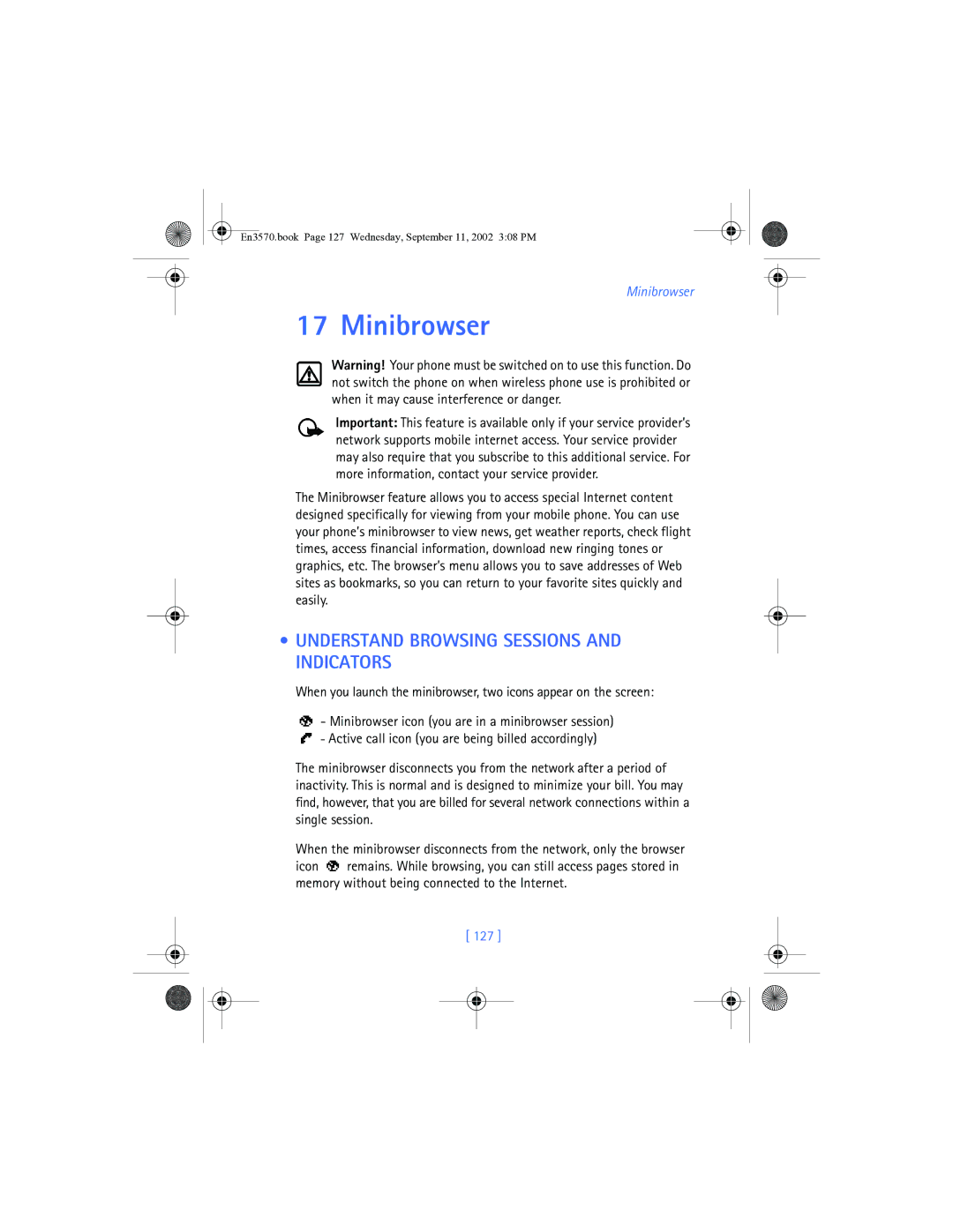 Nokia 3570 manual Minibrowser, Understand Browsing Sessions and Indicators, 127 