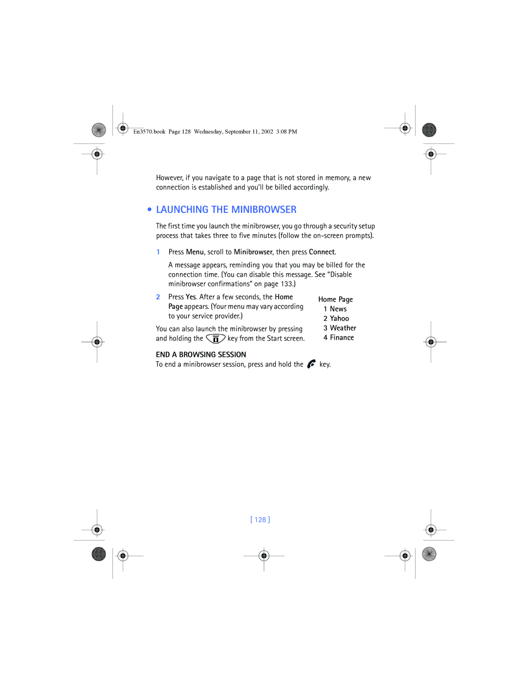 Nokia 3570 Launching the Minibrowser, Press Menu, scroll to Minibrowser, then press Connect, END a Browsing Session, 128 