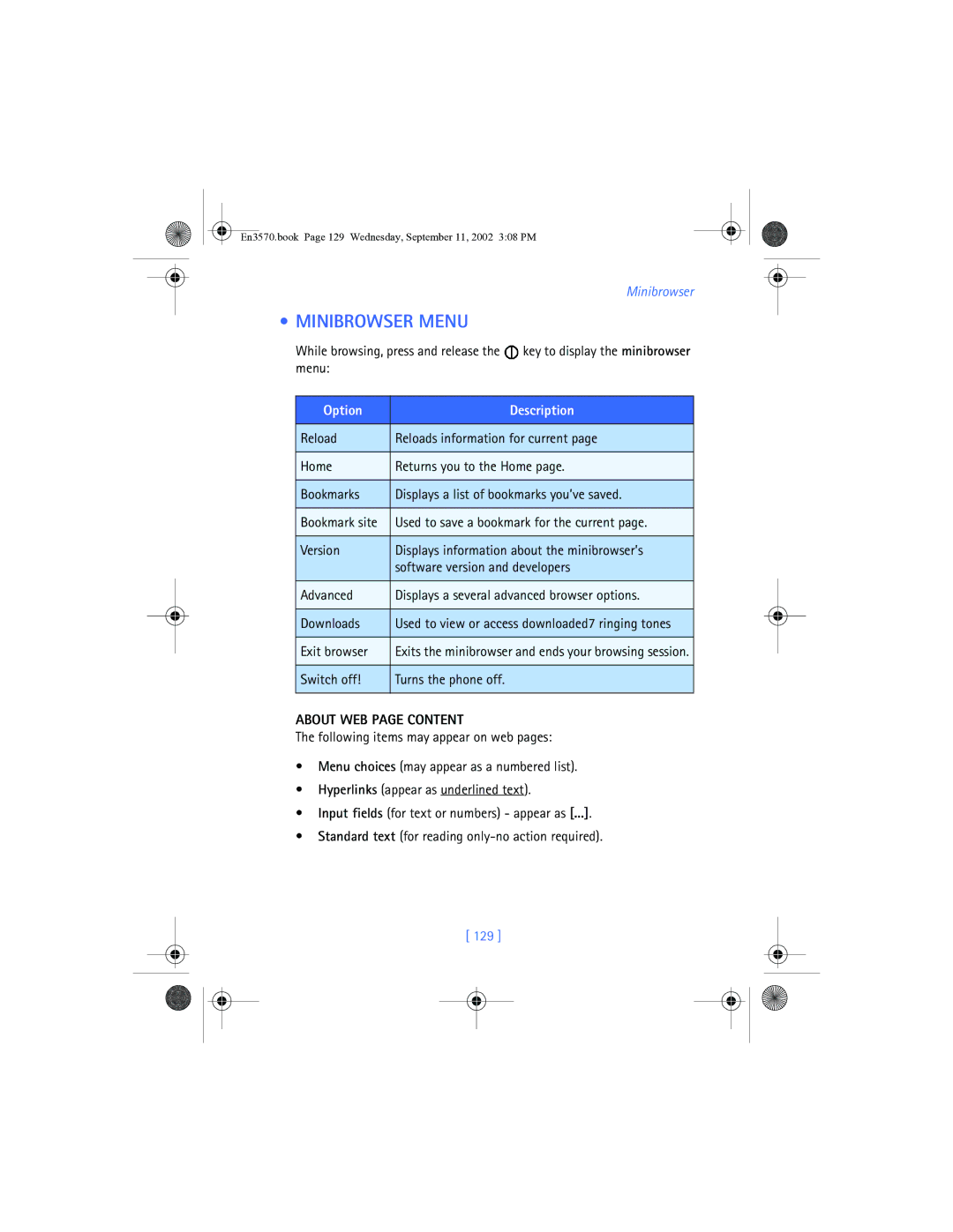 Nokia 3570 manual Minibrowser Menu, About WEB page Content, 129 