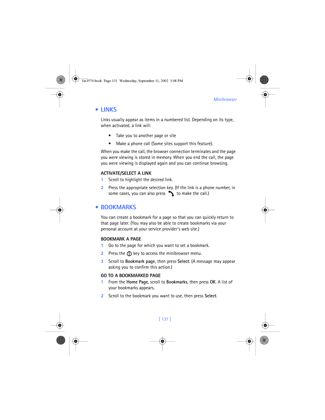 Nokia 3570 manual Links, Bookmarks, ACTIVATE/SELECT a Link, Bookmark a, GO to a Bookmarked 