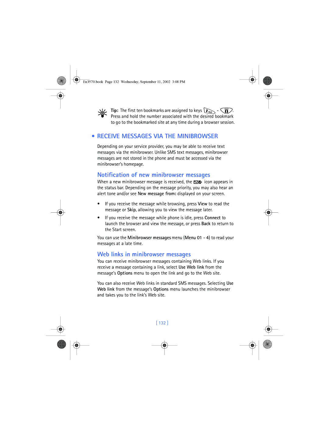 Nokia 3570 manual Receive Messages VIA the Minibrowser, Notification of new minibrowser messages, 132 