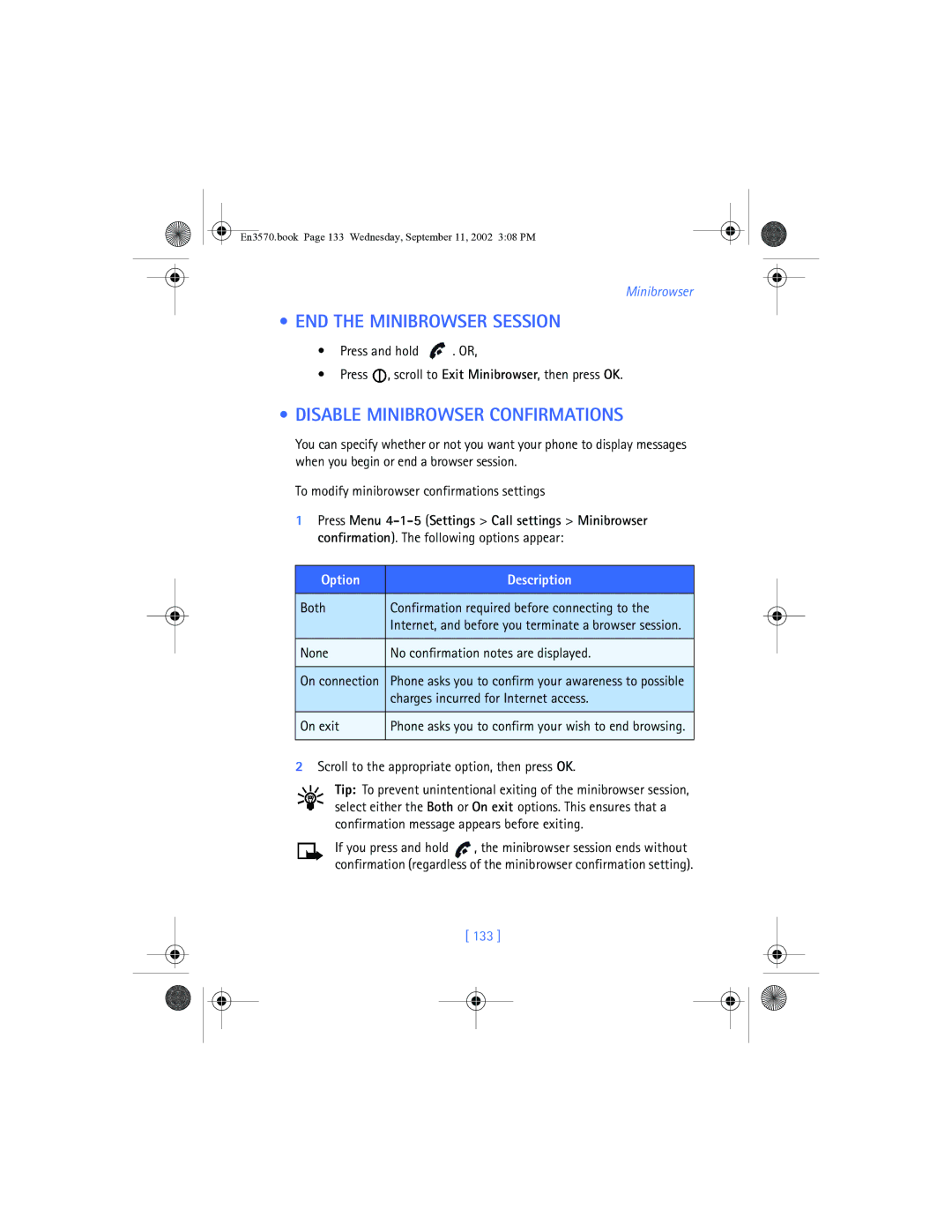 Nokia 3570 manual END the Minibrowser Session, Disable Minibrowser Confirmations, 133 