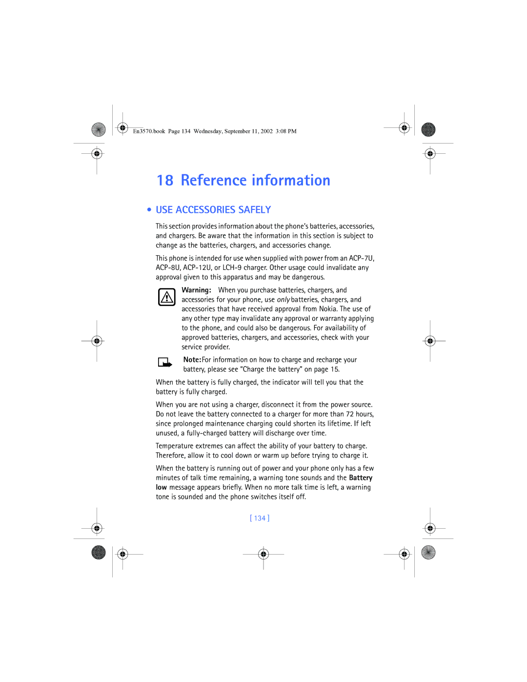 Nokia 3570 manual Reference information, USE Accessories Safely, 134 