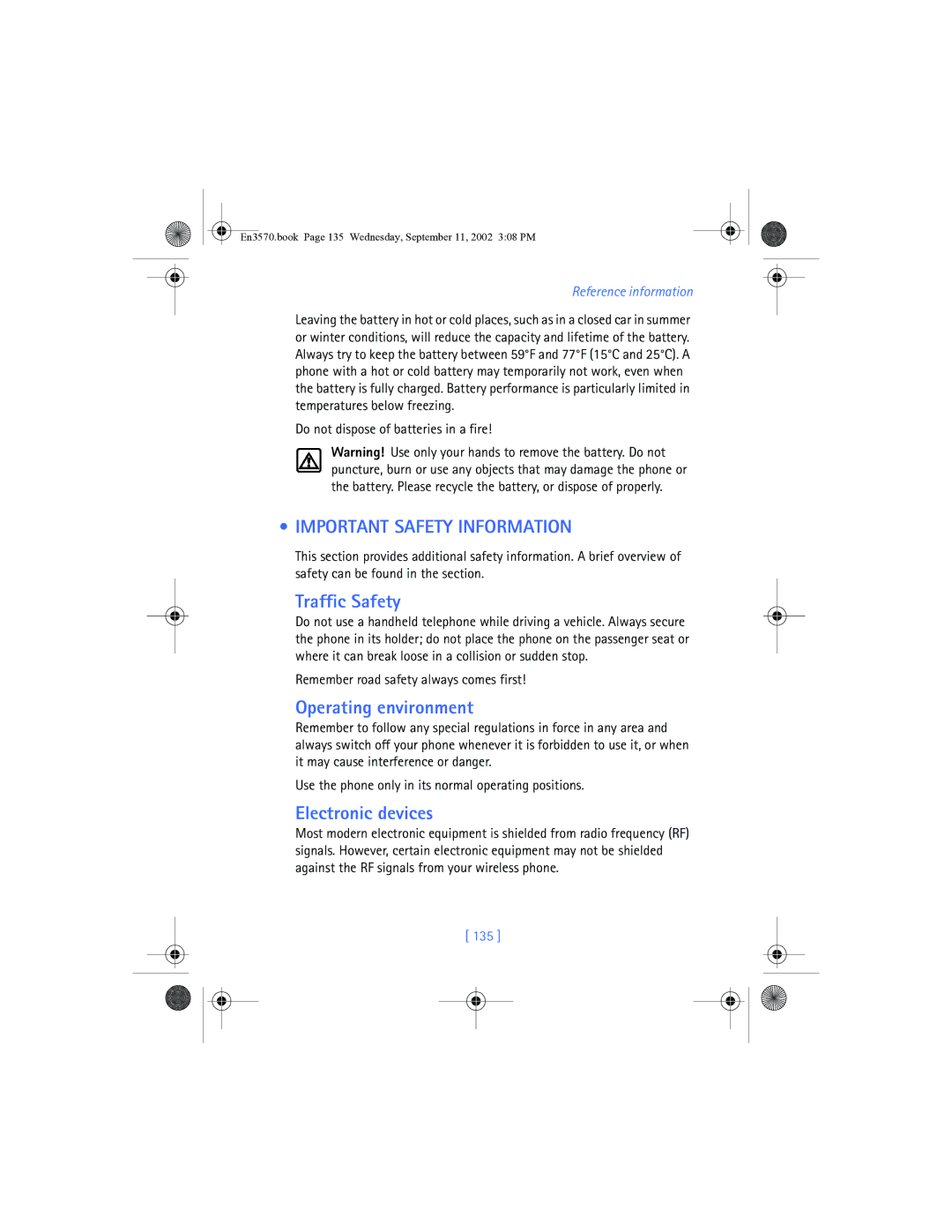 Nokia 3570 manual Important Safety Information, Traffic Safety, Operating environment, Electronic devices, 135 