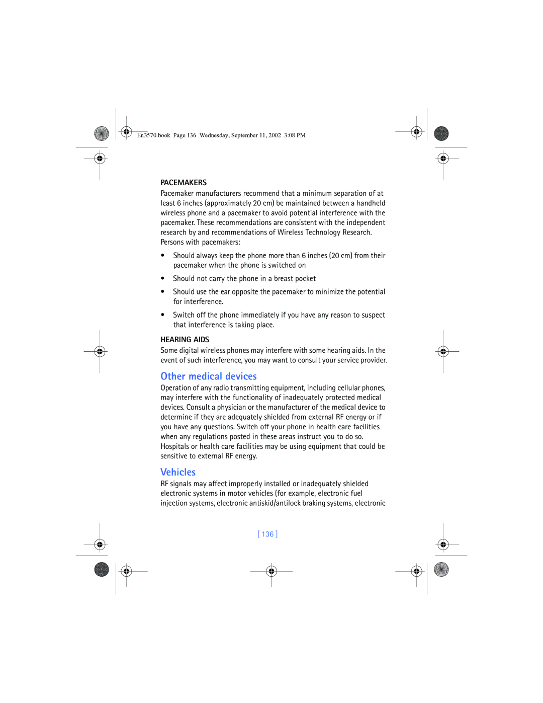 Nokia 3570 manual Other medical devices, Vehicles, Pacemakers, Hearing Aids, 136 