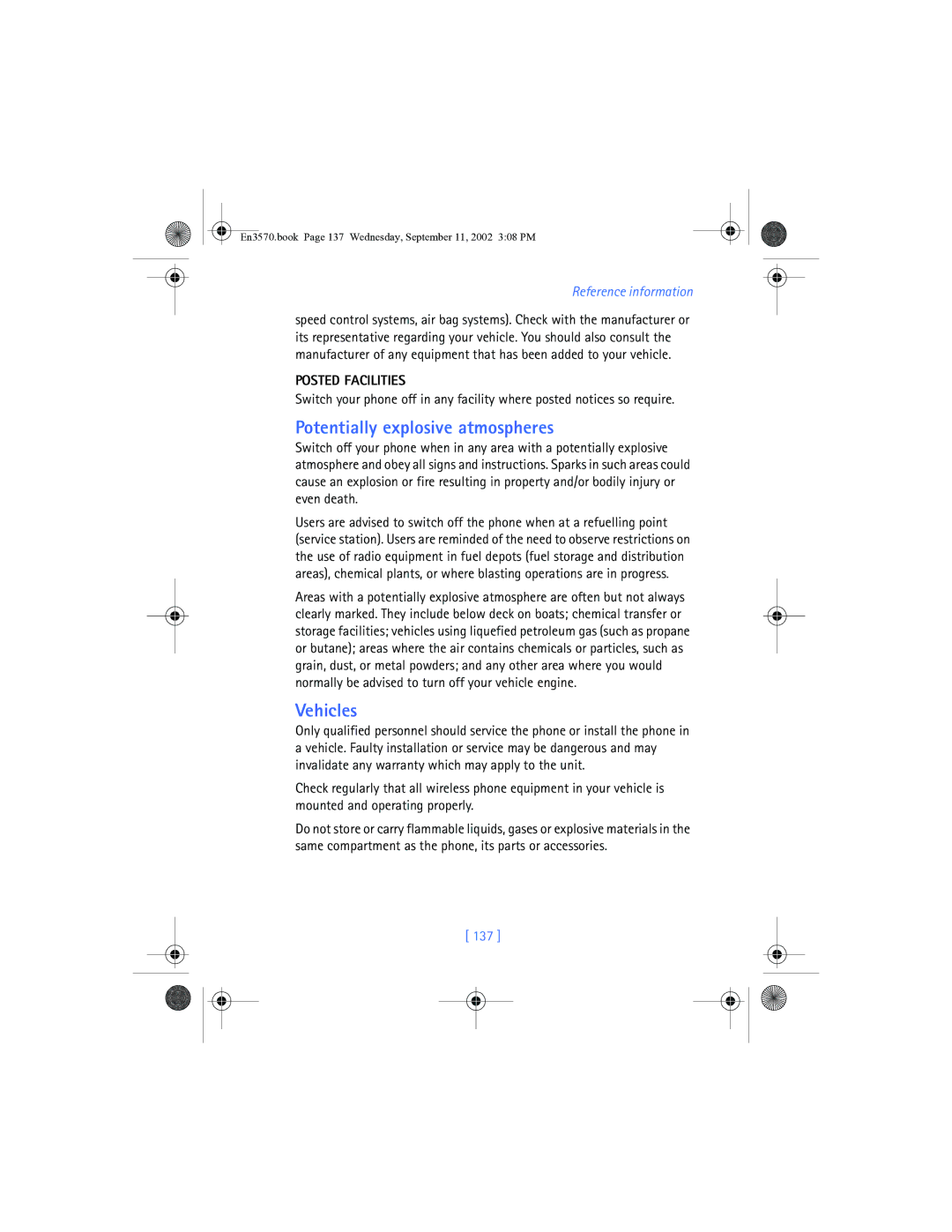 Nokia 3570 manual Potentially explosive atmospheres, Posted Facilities, 137 