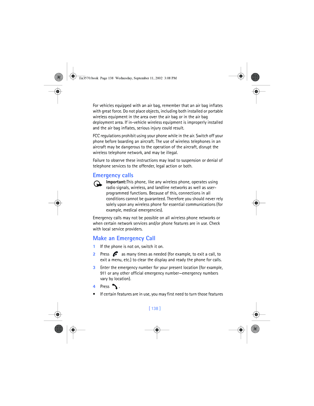 Nokia 3570 manual Emergency calls, Make an Emergency Call, If the phone is not on, switch it on, 138 
