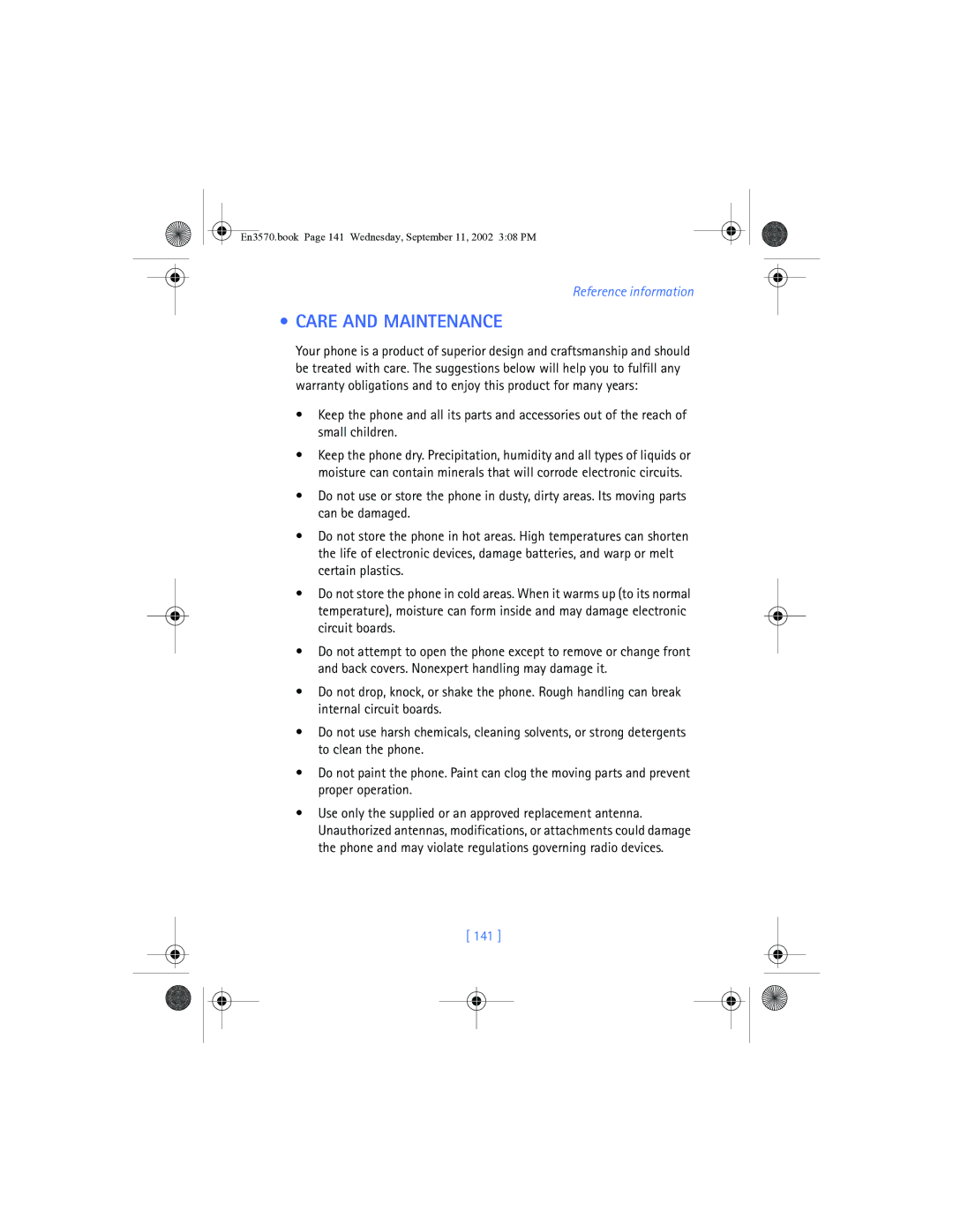 Nokia 3570 manual Care and Maintenance, 141 