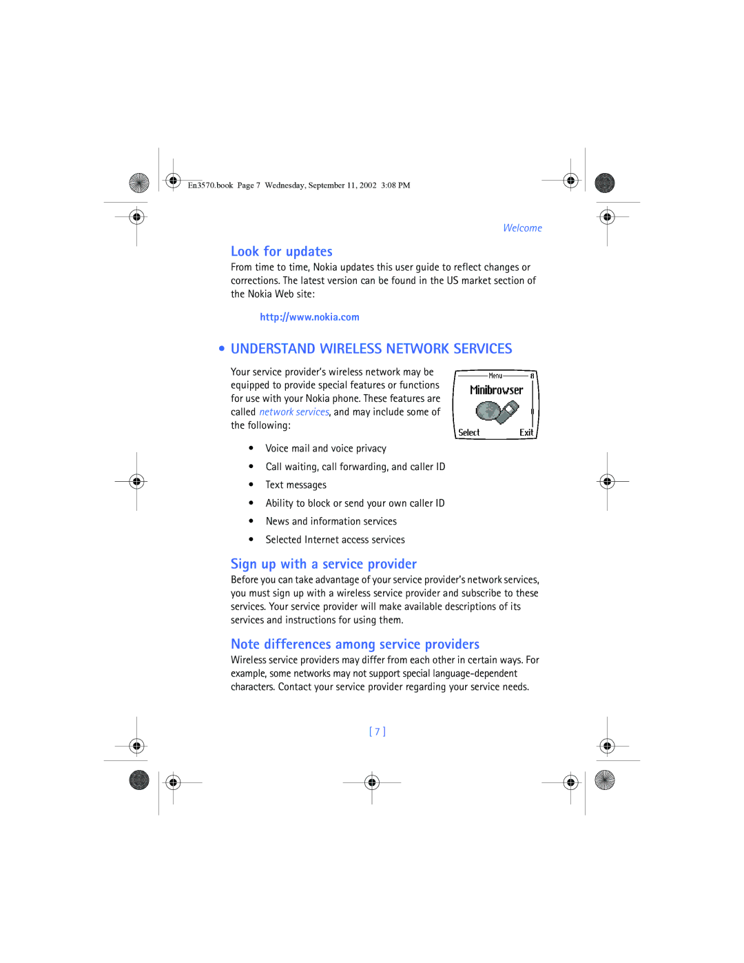 Nokia 3570 manual Look for updates, Understand Wireless Network Services, Sign up with a service provider 