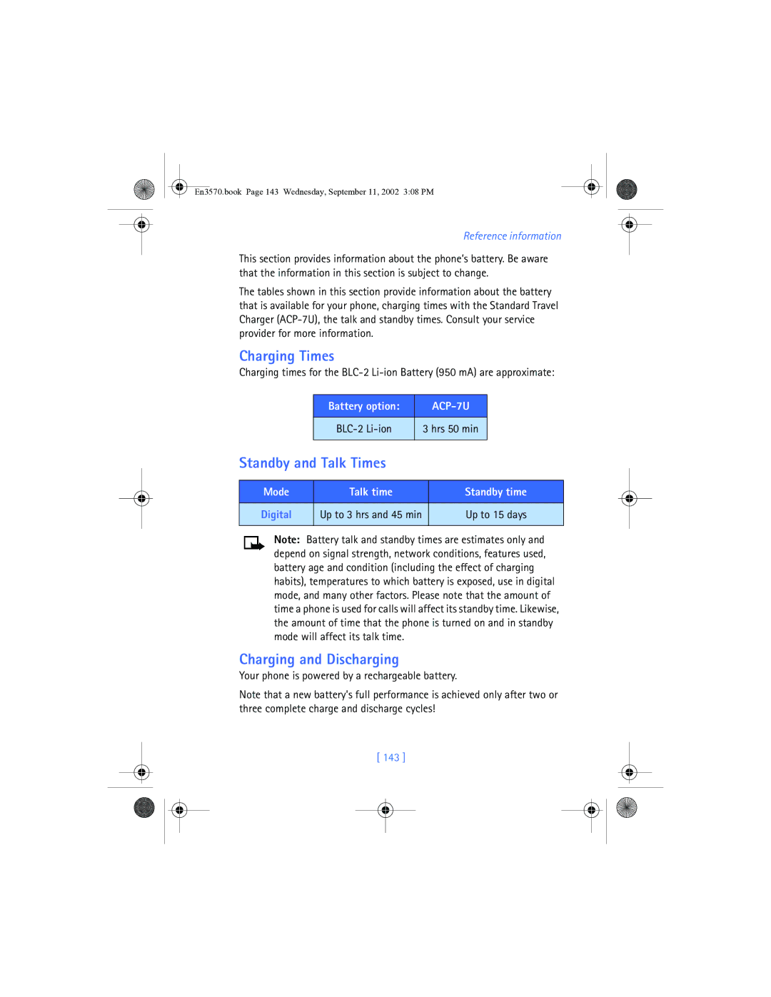 Nokia 3570 manual Charging Times, Standby and Talk Times, Charging and Discharging, Battery option, Standby time 