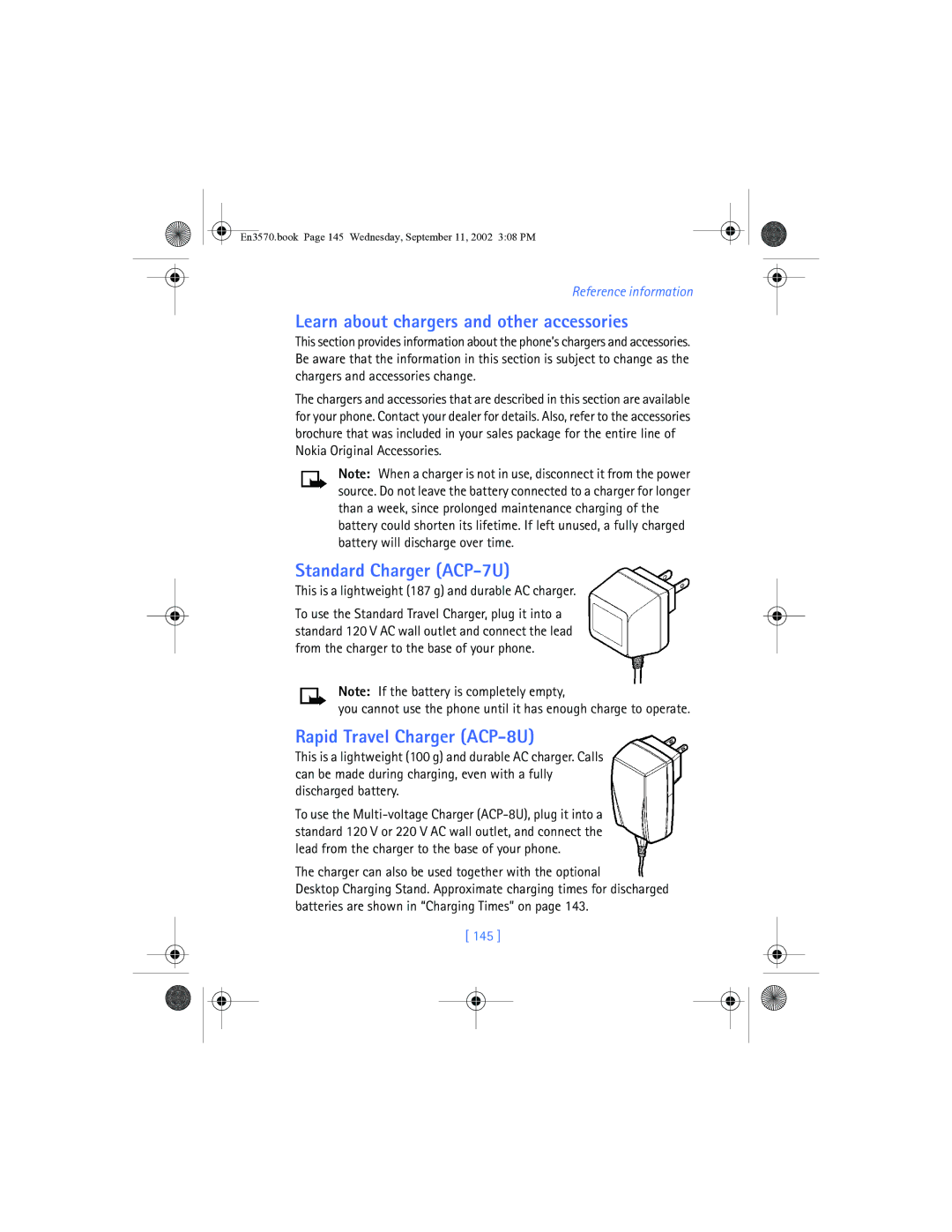 Nokia 3570 manual Learn about chargers and other accessories, Standard Charger ACP-7U, Rapid Travel Charger ACP-8U, 145 