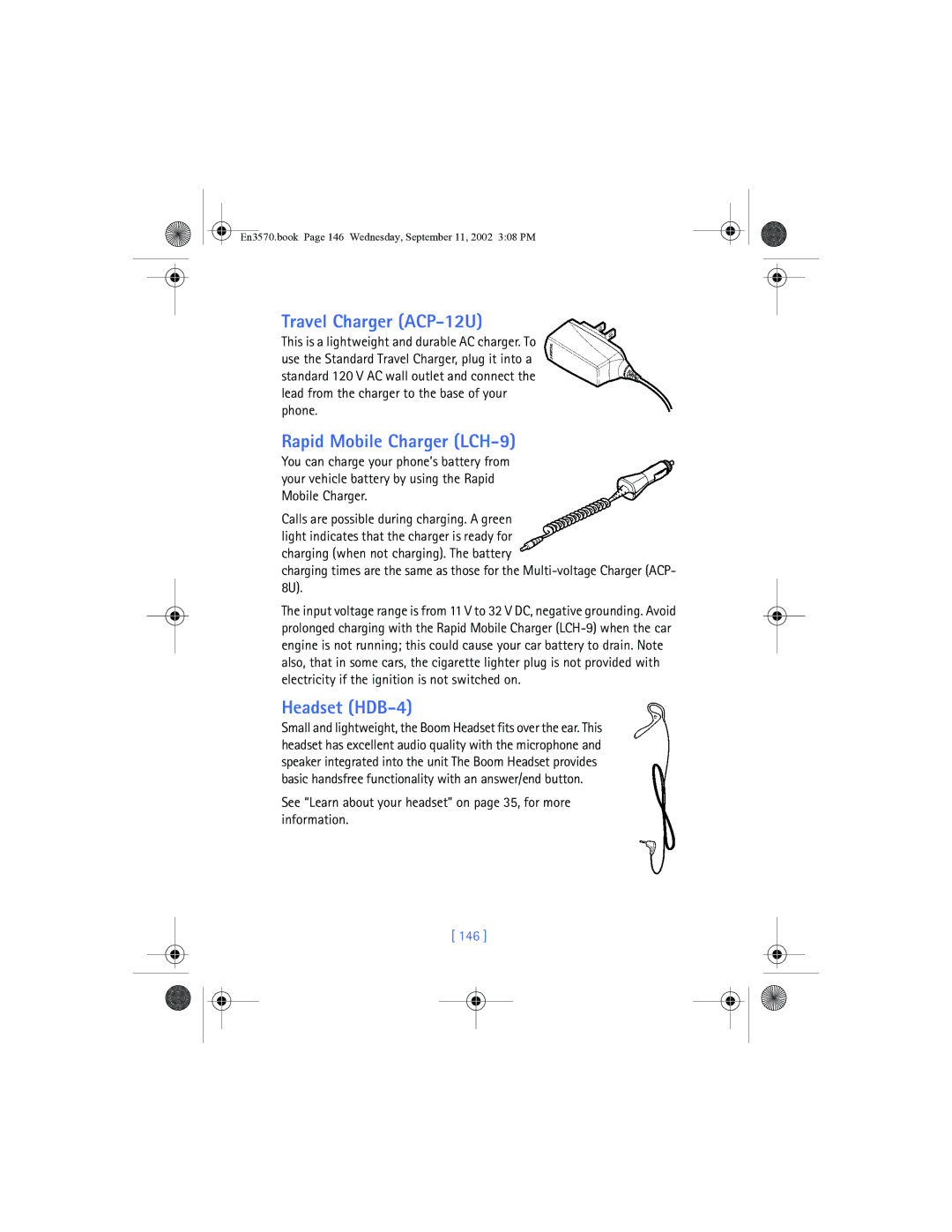 Nokia 3570 manual Travel Charger ACP-12U, Rapid Mobile Charger LCH-9, Headset HDB-4, 146 