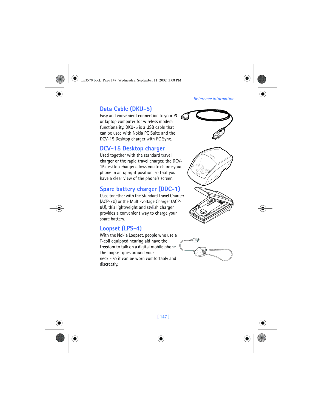 Nokia 3570 manual Data Cable DKU-5, DCV-15 Desktop charger, Spare battery charger DDC-1, Loopset LPS-4, 147 