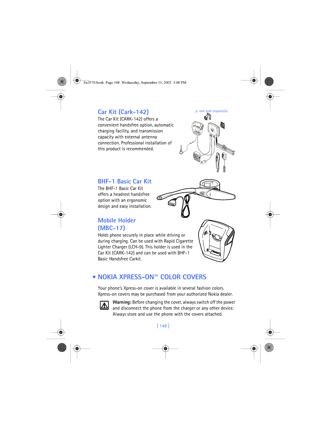 Nokia 3570 manual Car Kit Cark-142, BHF-1 Basic Car Kit, 148 