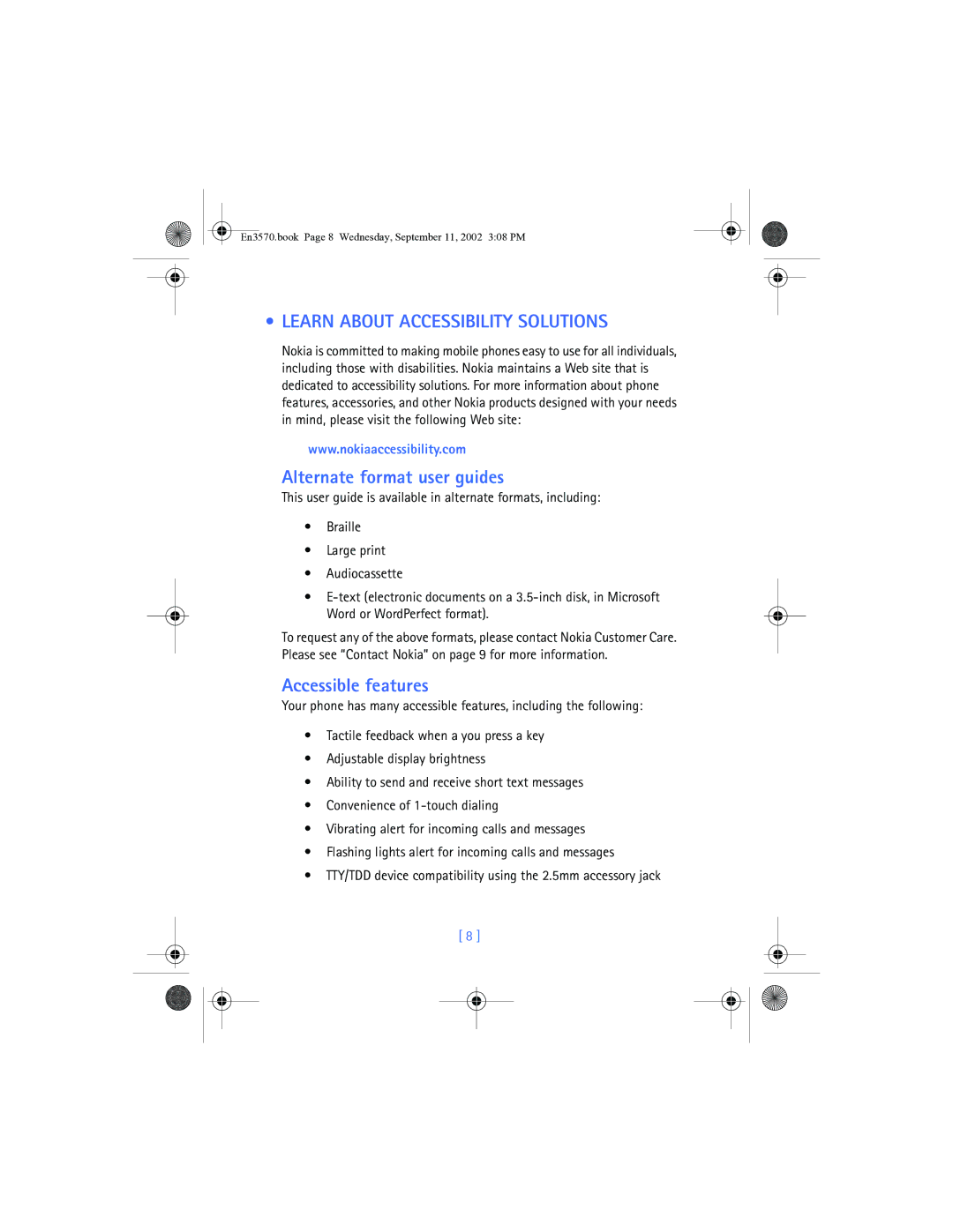 Nokia 3570 manual Learn about Accessibility Solutions, Alternate format user guides, Accessible features 