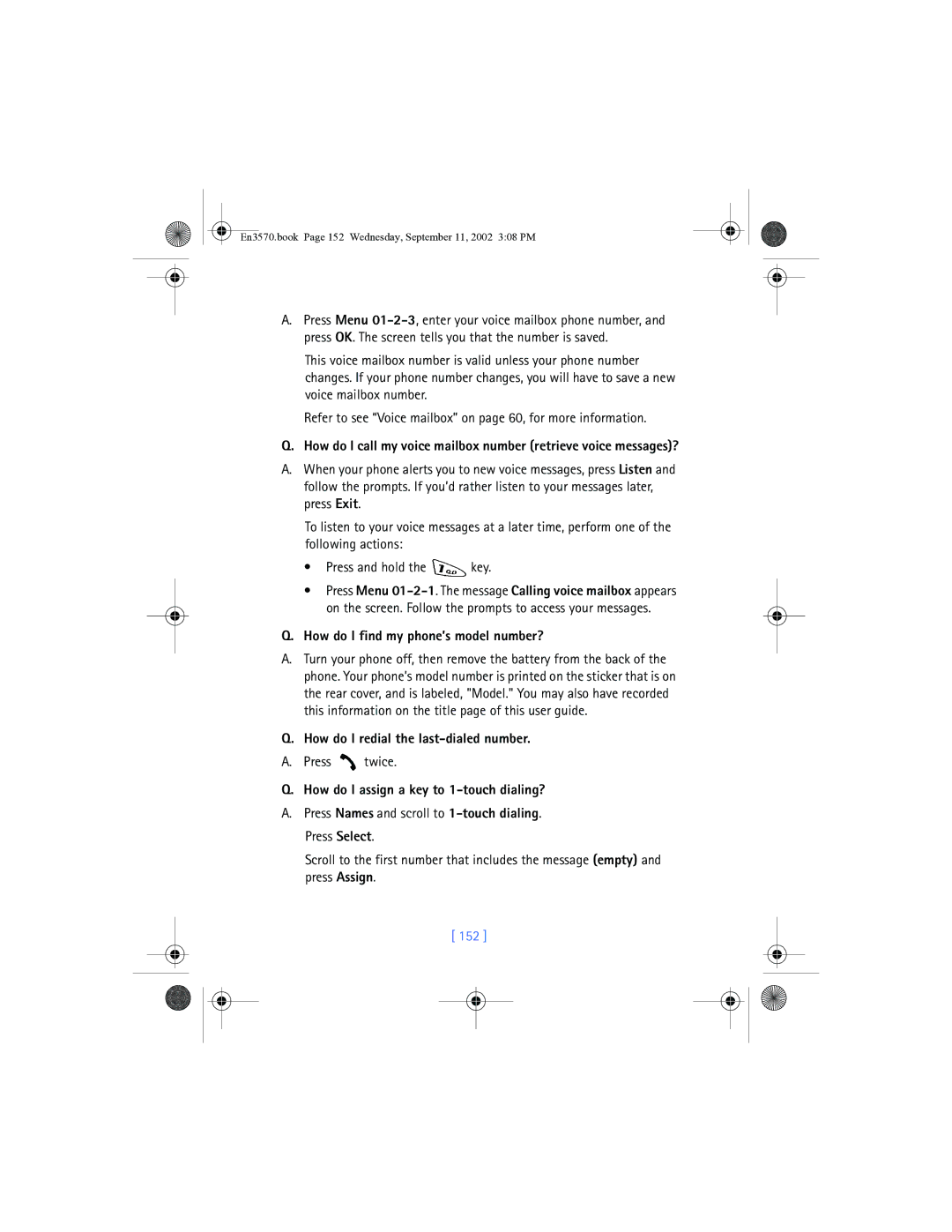 Nokia 3570 manual How do I find my phone’s model number?, How do I redial the last-dialed number, Press twice, 152 