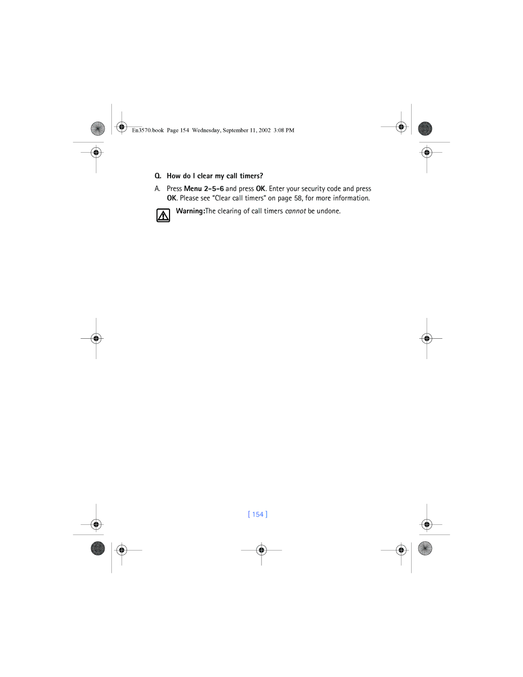 Nokia 3570 manual How do I clear my call timers?, 154 