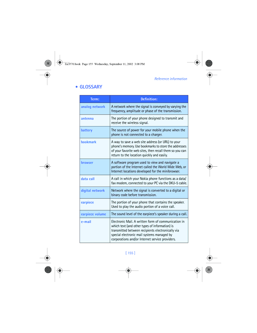 Nokia 3570 manual Glossary, Term Definition, 155 