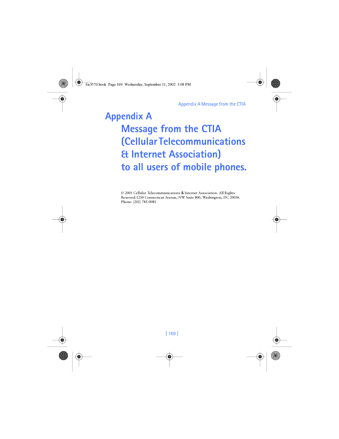 Nokia 3570 manual To all users of mobile phones, Appendix a Message from the Ctia, 169 