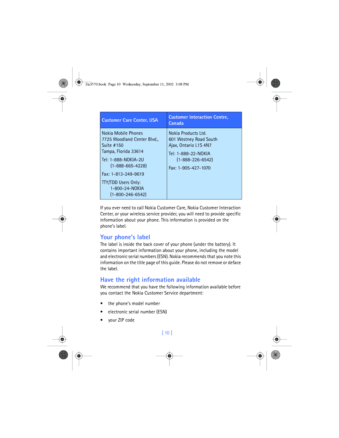 Nokia 3570 manual Your phone’s label, Have the right information available, Customer Interaction Centre, Canada 