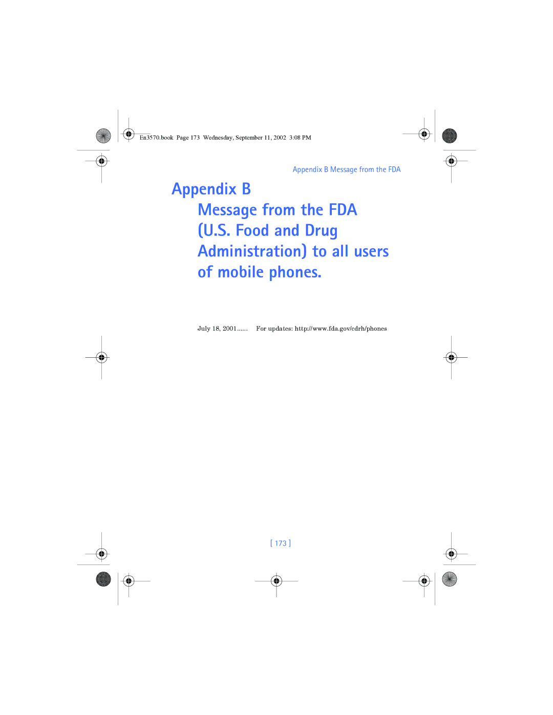 Nokia 3570 manual Appendix B Message from the FDA, 173 