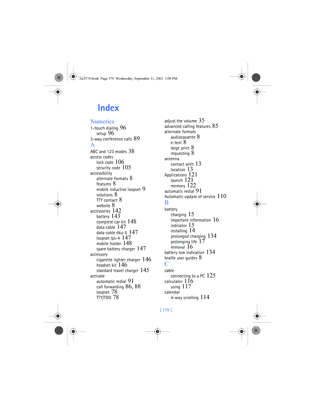 Nokia 3570 Index, Automatic redial Automatic update of service, Cable Connecting to a PC, Calendar Way scrolling, 179 