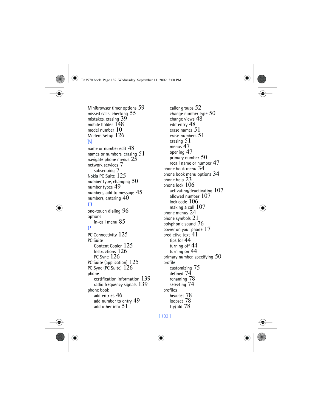 Nokia 3570 manual Subscribing, PC Suite application 125 PC Sync PC Suite 126 phone, 182 