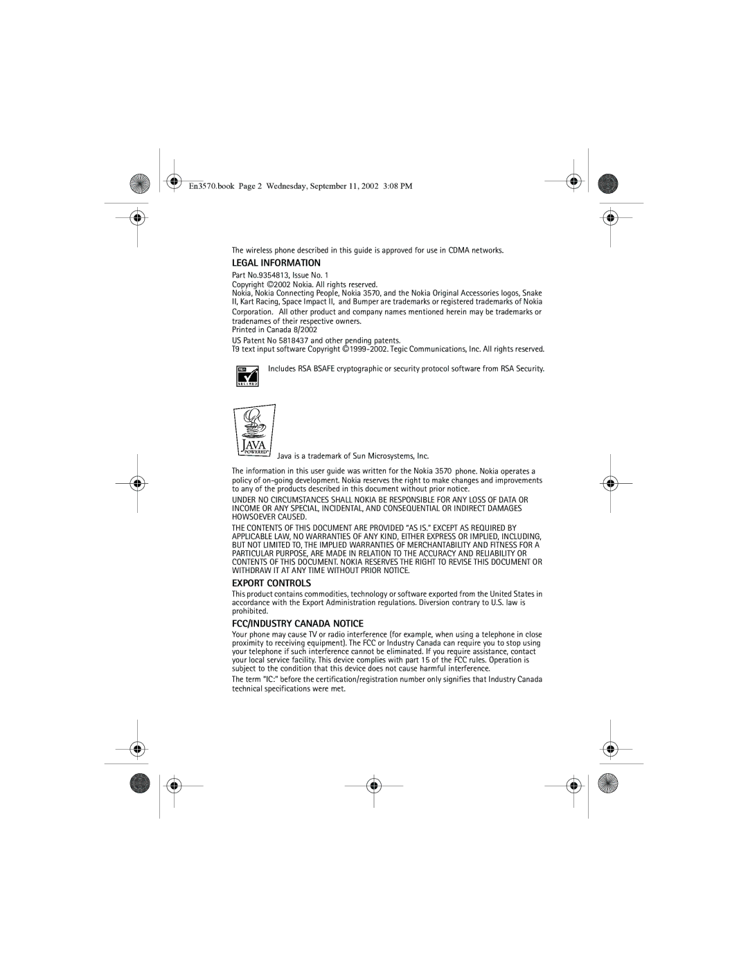 Nokia 3570 manual Legal Information 