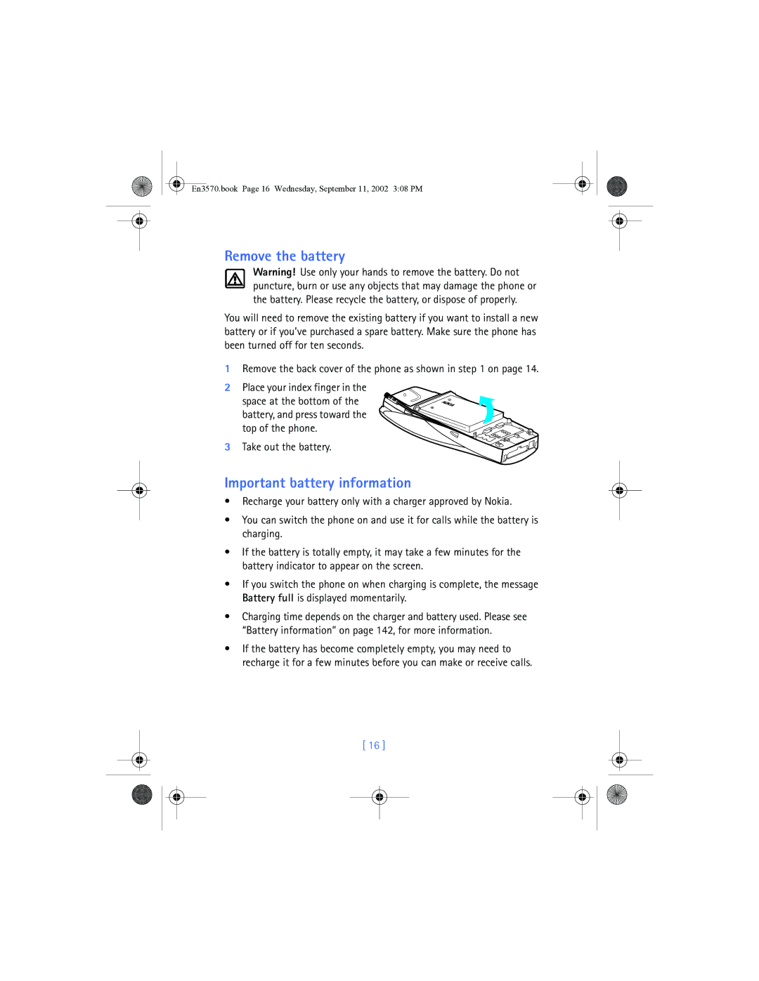 Nokia 3570 manual Remove the battery, Important battery information, Take out the battery 