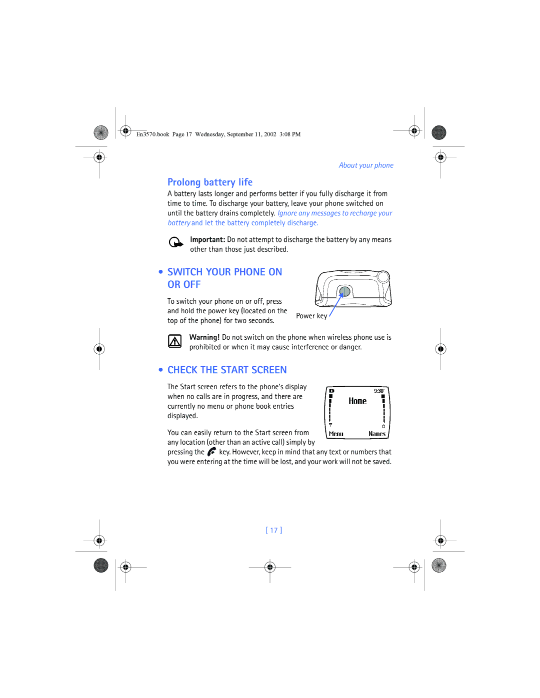 Nokia 3570 manual Prolong battery life, Switch Your Phone on or OFF, Check the Start Screen 