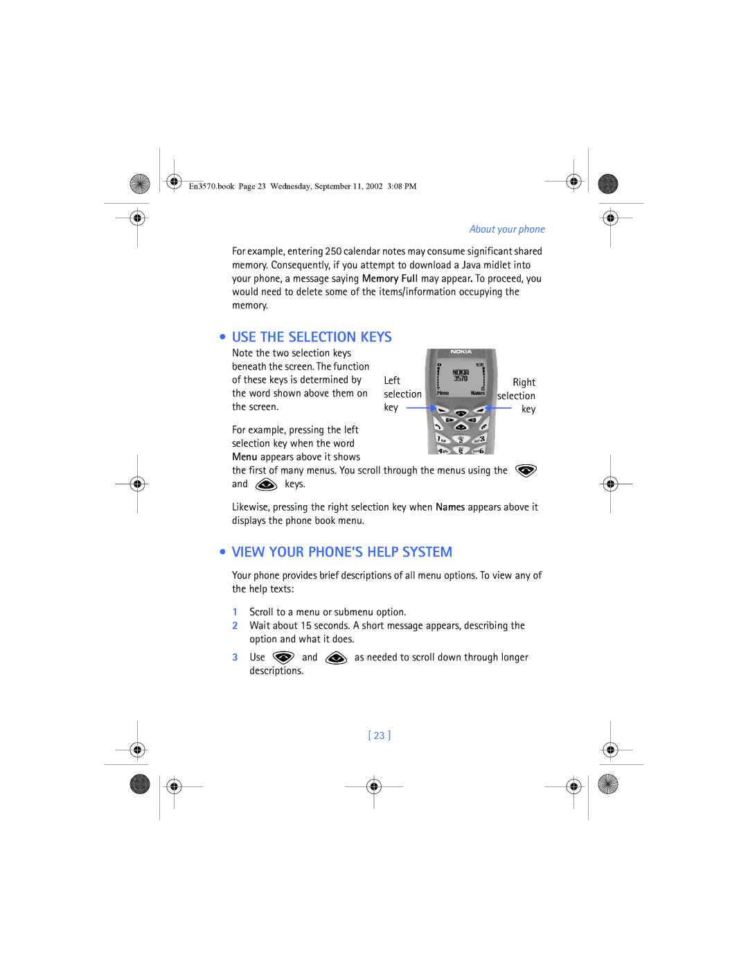 Nokia 3570 manual USE the Selection Keys, View Your PHONE’S Help System, Left 