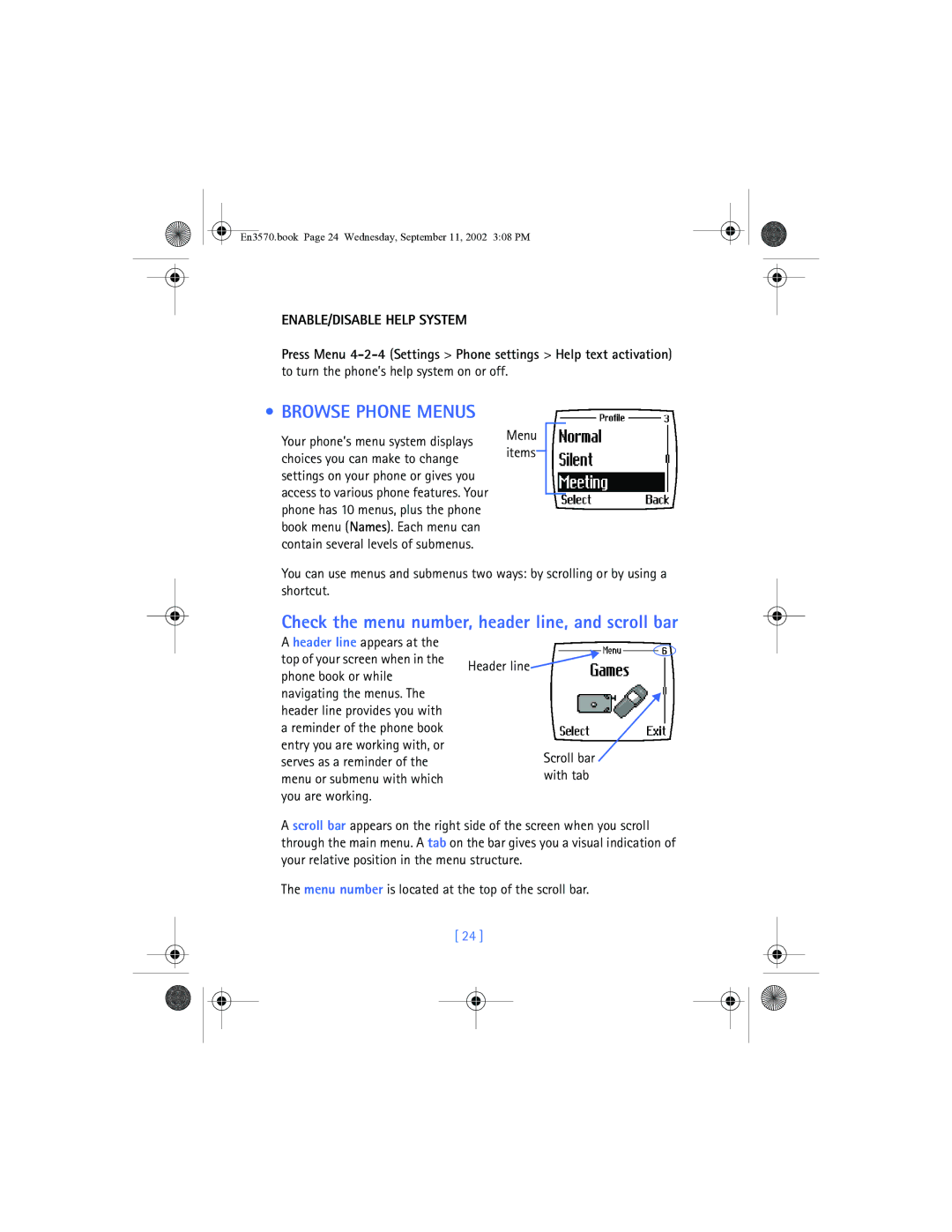 Nokia 3570 manual Check the menu number, header line, and scroll bar, ENABLE/DISABLE Help System, Header line 