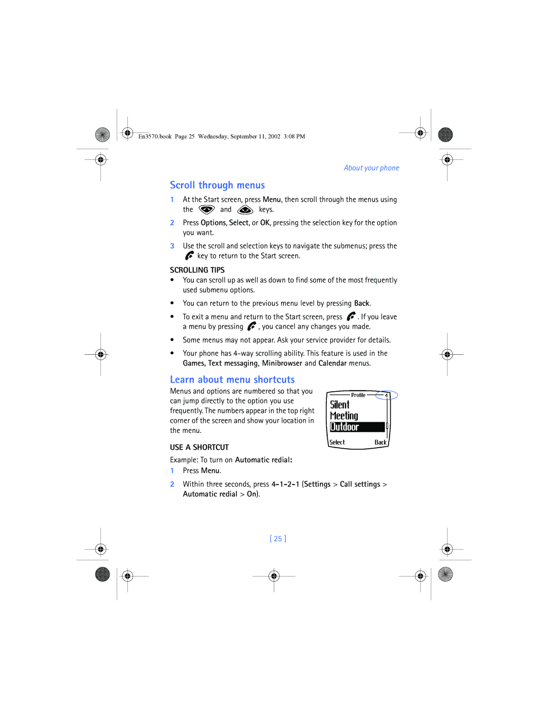 Nokia 3570 manual Scroll through menus, Learn about menu shortcuts, Scrolling Tips, USE a Shortcut 