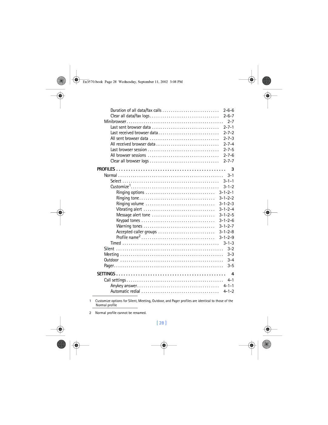 Nokia 3570 manual Profiles, Normal, Settings 