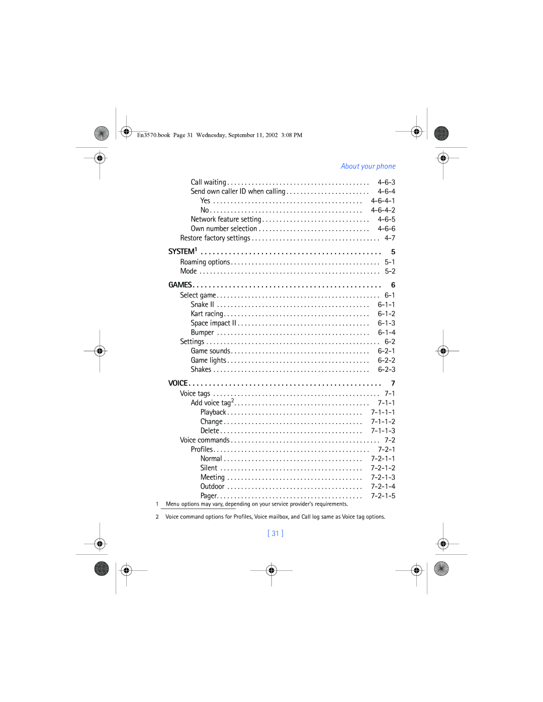 Nokia 3570 manual Restore factory settings, System, Games, Voice 
