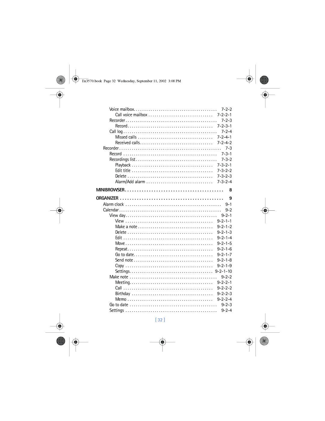 Nokia manual Minibrowser Organizer, En3570.book Page 32 Wednesday, September 11, 2002 308 PM 