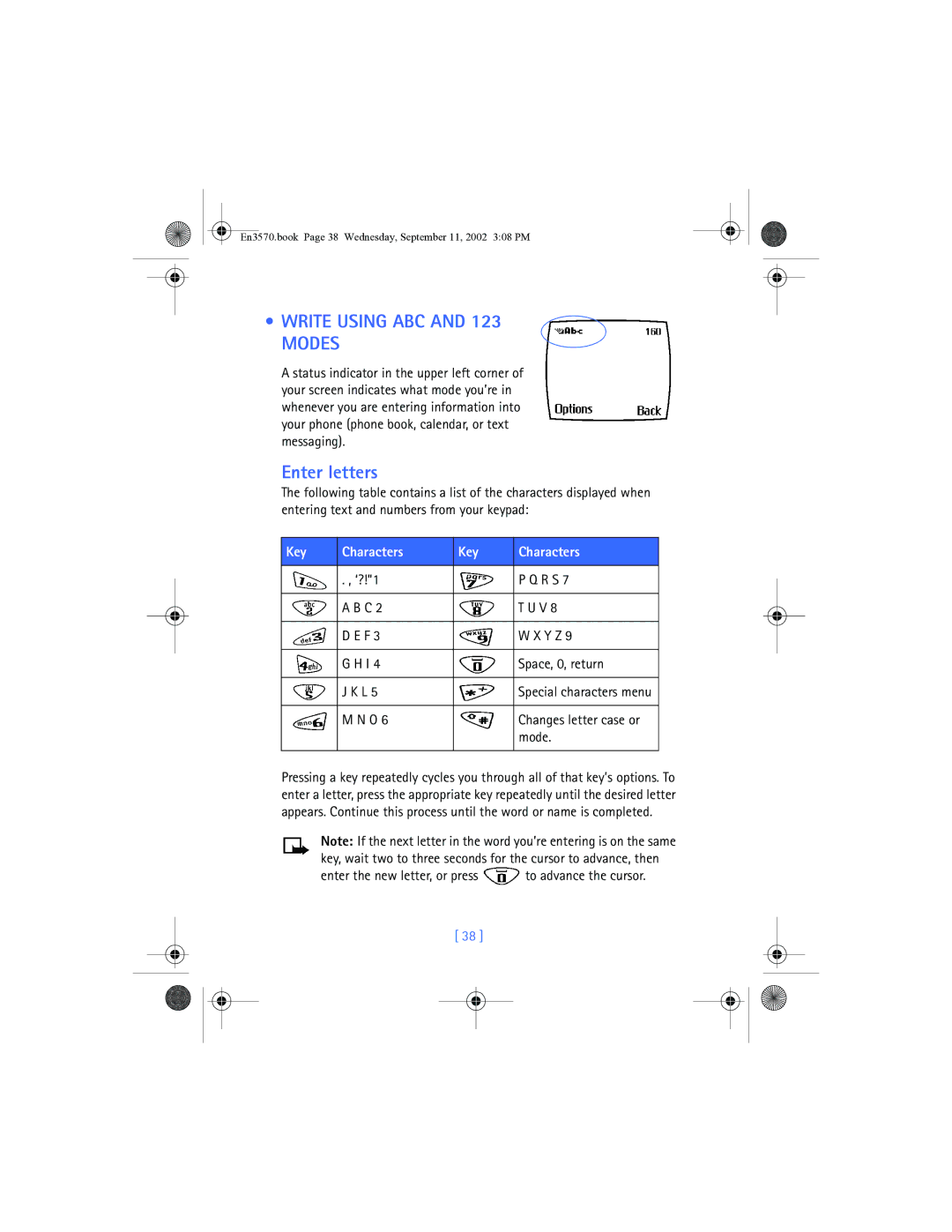 Nokia 3570 manual Write Using ABC and 123 Modes, Enter letters, Key Characters 