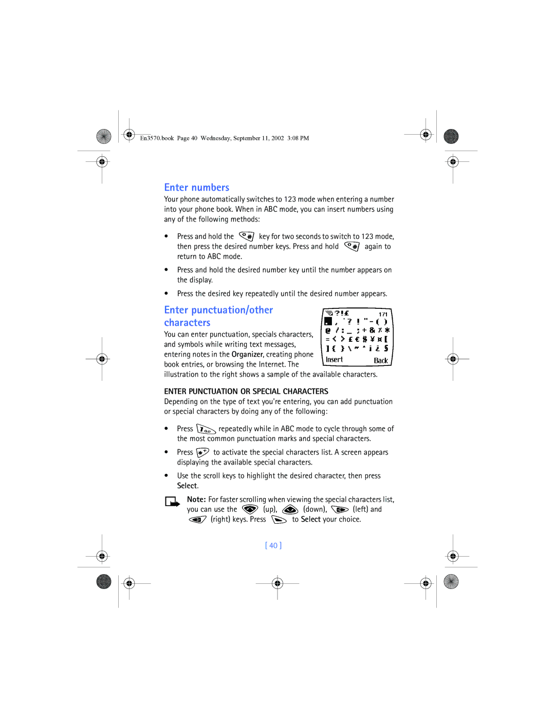 Nokia 3570 manual Enter numbers, Enter Punctuation or Special Characters 