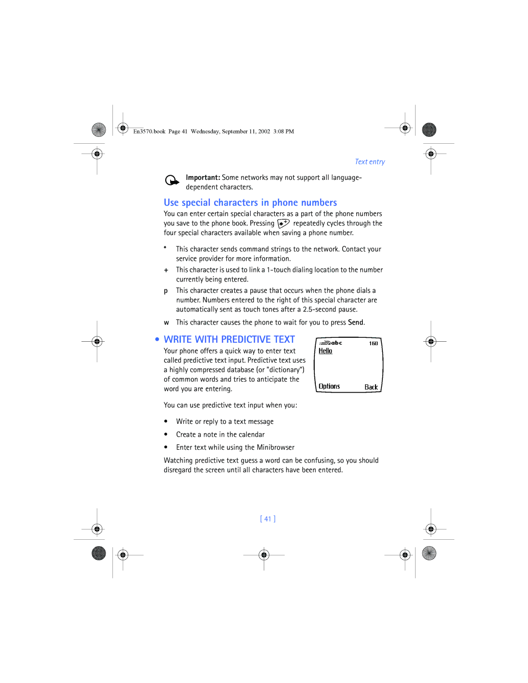 Nokia 3570 manual Use special characters in phone numbers, Write with Predictive Text 