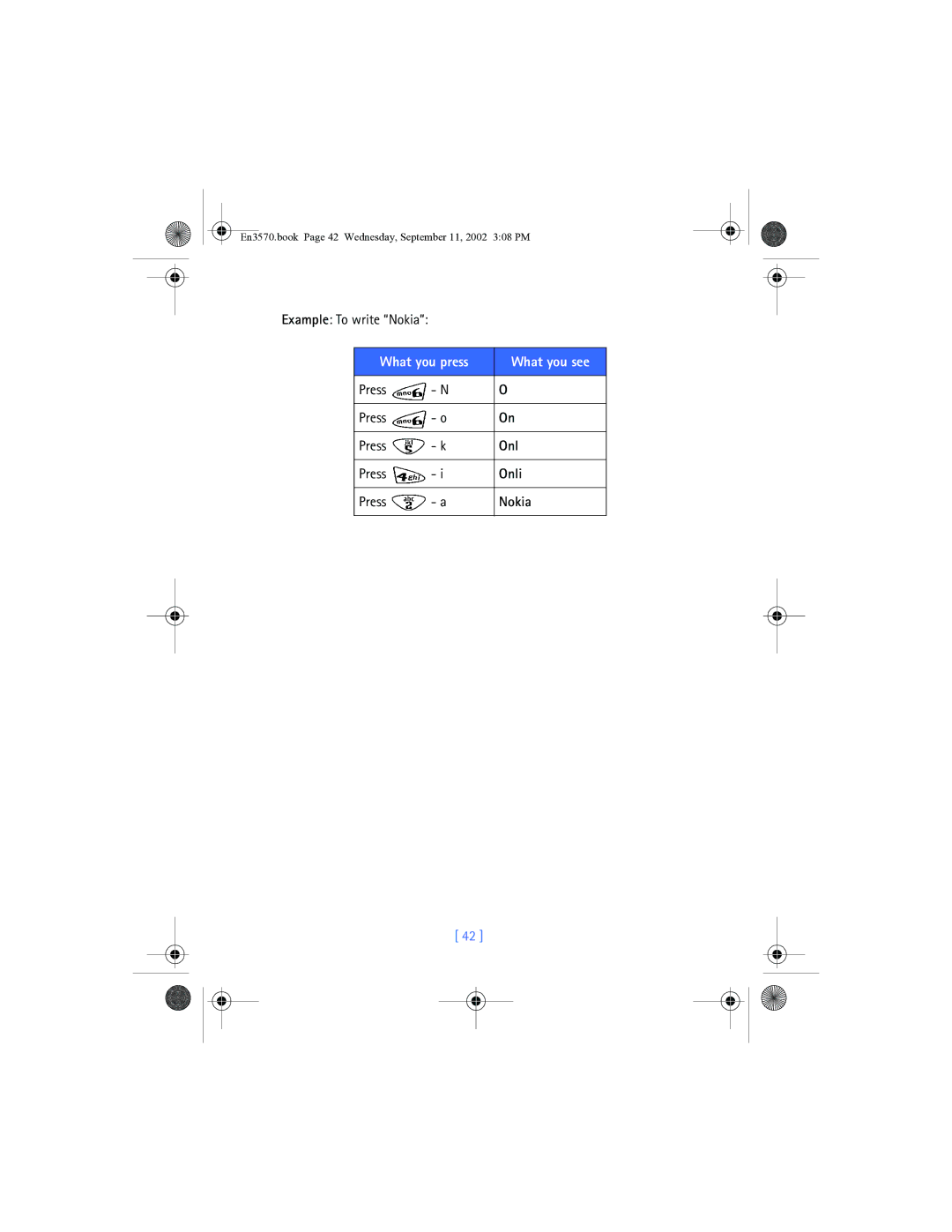 Nokia 3570 manual Example To write Nokia, What you press What you see, Onli 