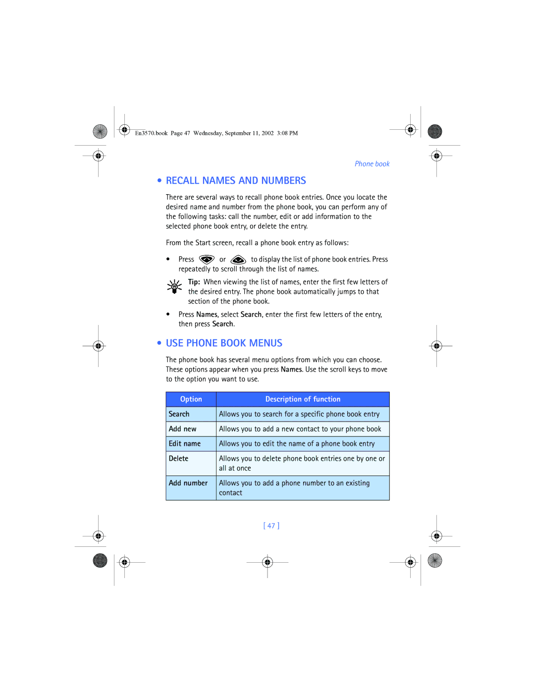 Nokia 3570 manual Recall Names and Numbers, USE Phone Book Menus, Option Description of function 