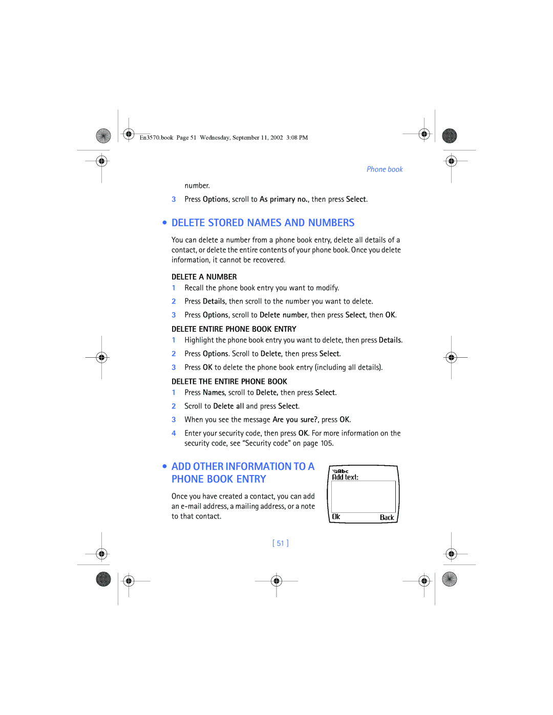 Nokia 3570 manual Delete Stored Names and Numbers, ADD Other Information to a Phone Book Entry, Delete a Number 