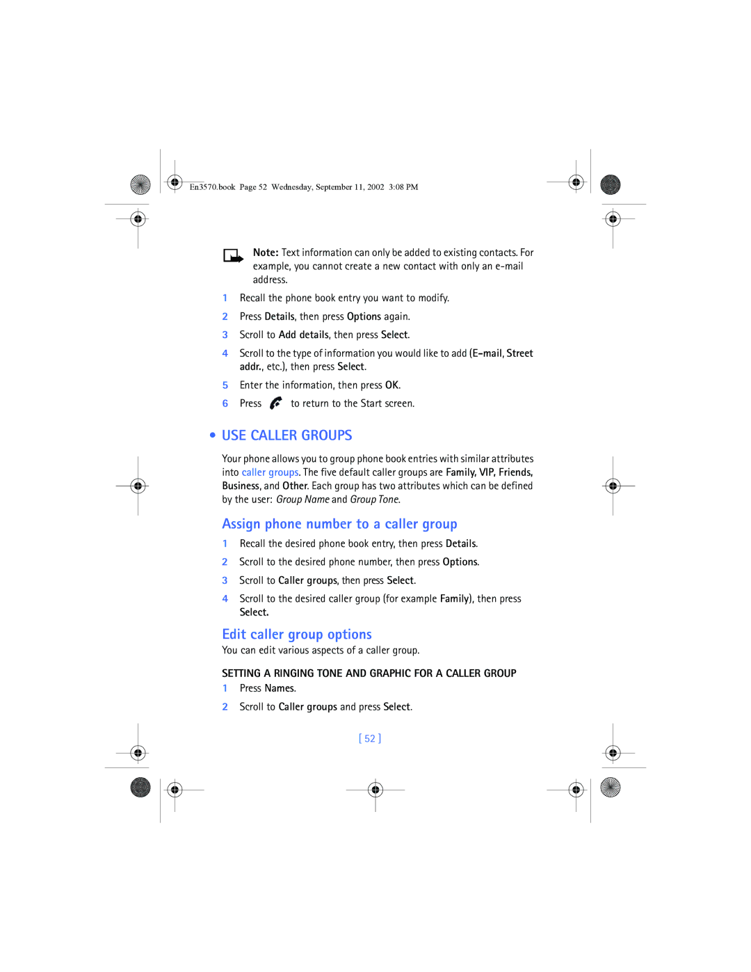 Nokia 3570 manual USE Caller Groups, Assign phone number to a caller group, Edit caller group options 