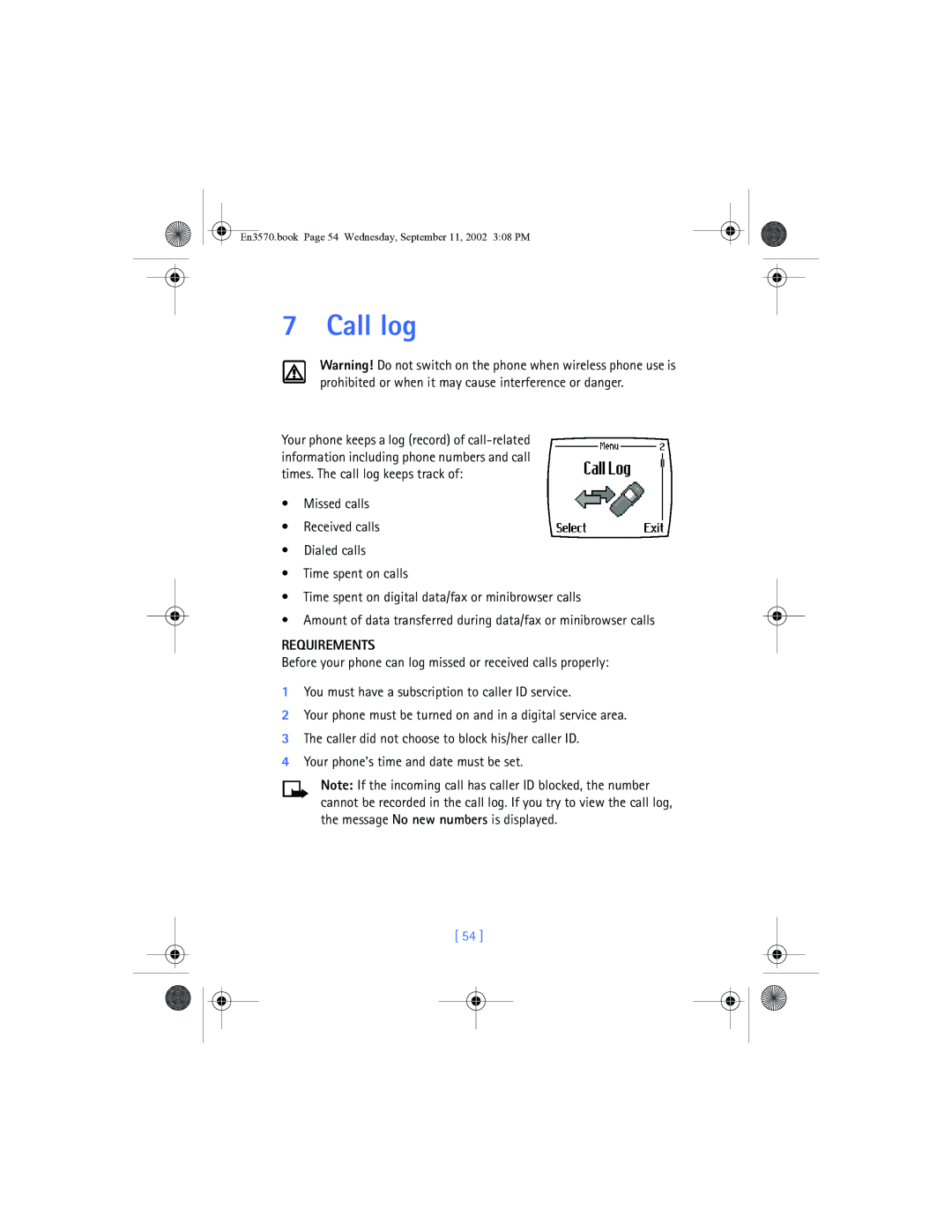 Nokia 3570 manual Call log, Requirements 