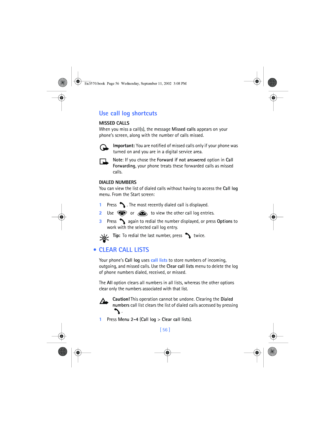 Nokia 3570 manual Use call log shortcuts, Clear Call Lists, Missed Calls, Dialed Numbers 